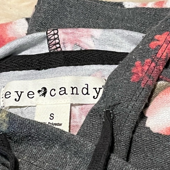 Gray Floral Print Cotton Tee Pullover Hoodie Top - Picture 5 of 5